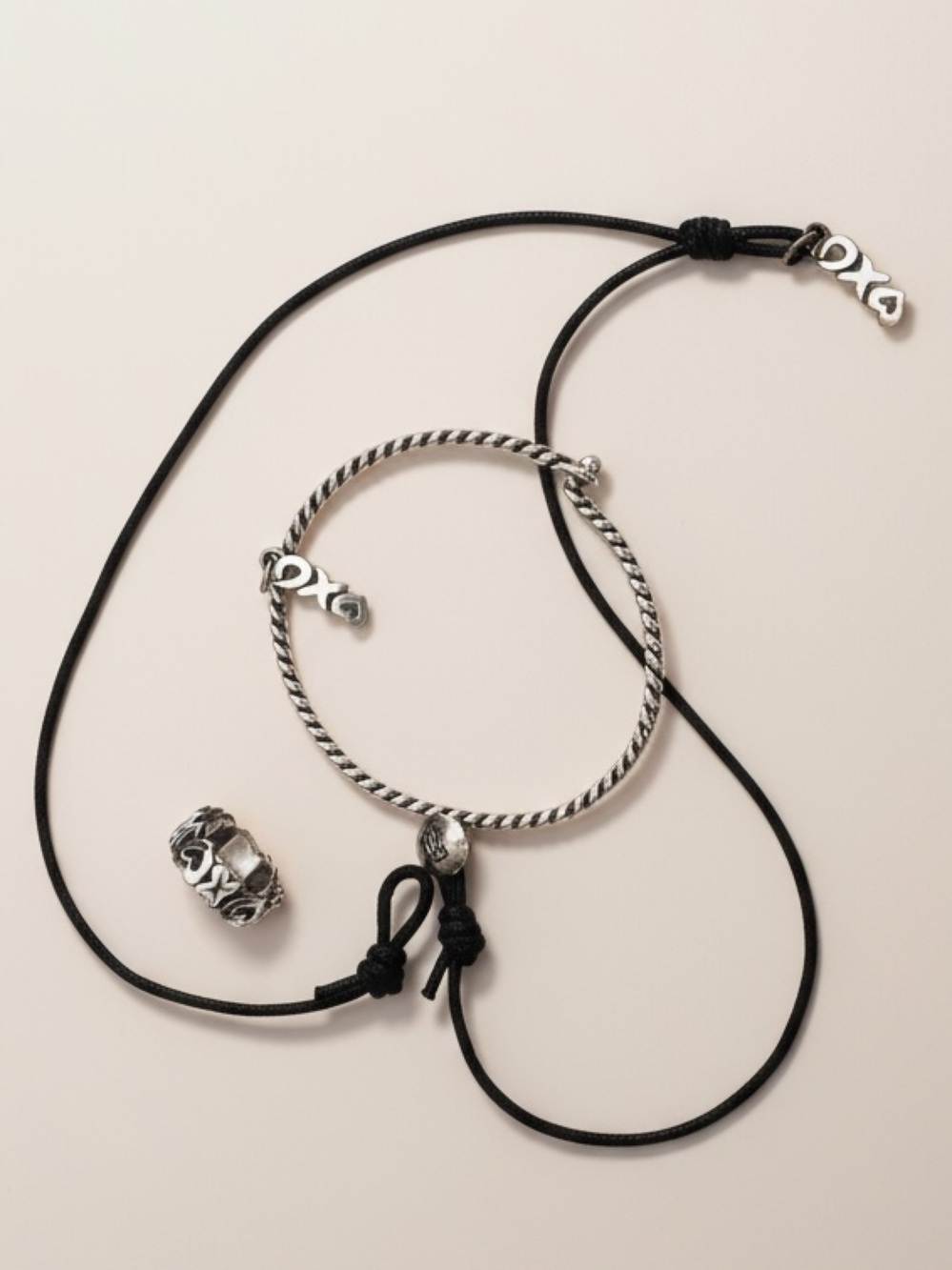 James Avery XO ring, charm leather necklace twisted bracelet, love kisses hugs